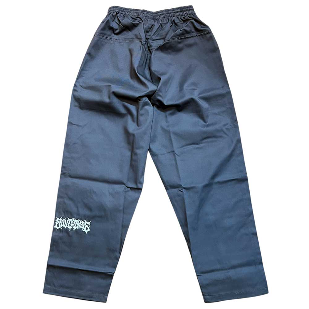 Texas Icon Gray Southside 94 Pants with an elastic waistband and a white graphic logo near one pocket. These loose-fitting, rugged pants are shown laid flat on a white background front side up.