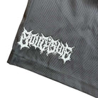 A close-up of Texas Icon Gray Southside 94 Shorts featuring "SAUCEAGE" embroidered in white gothic lettering in the corner.