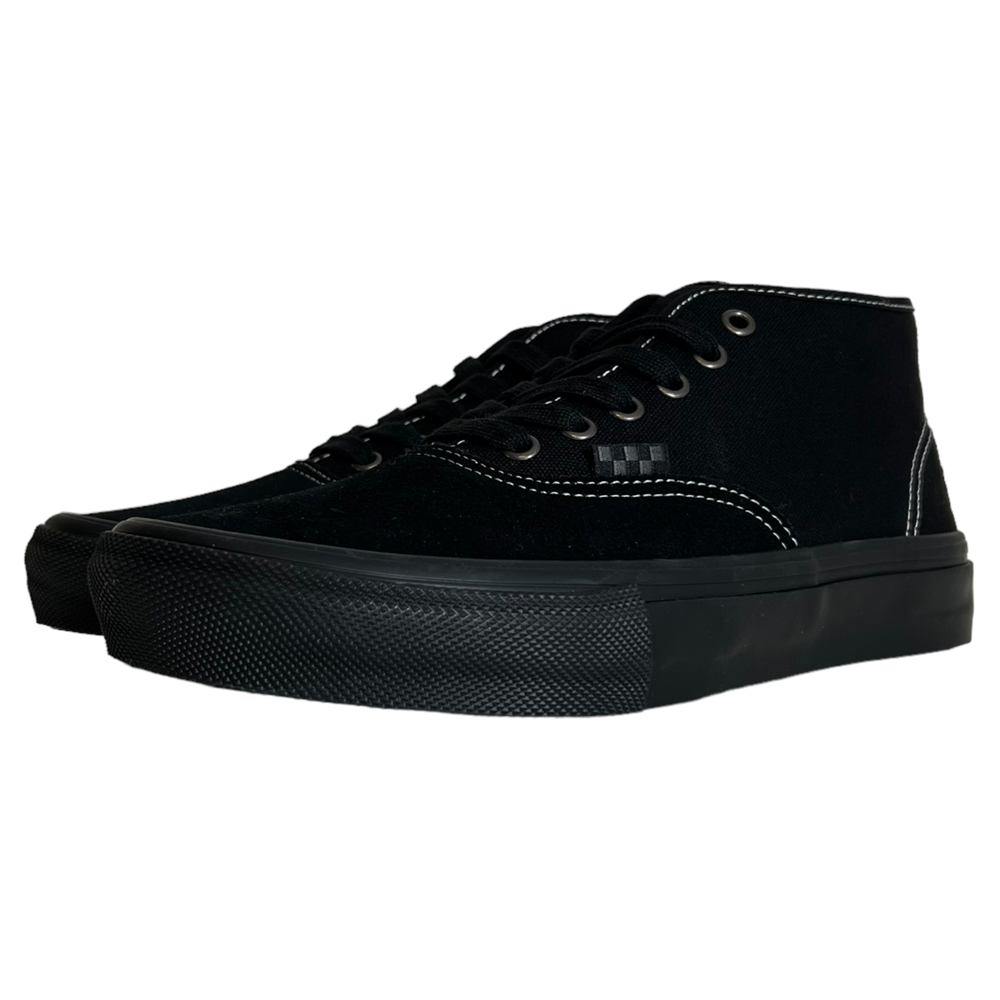 The VN0A27371OJ Suede Black Authentic Mid Vans Skate Shoes feature black suede, black rubber soles, PopCush cushioning, black laces, and white stitching, shown from a side angle on a white background.