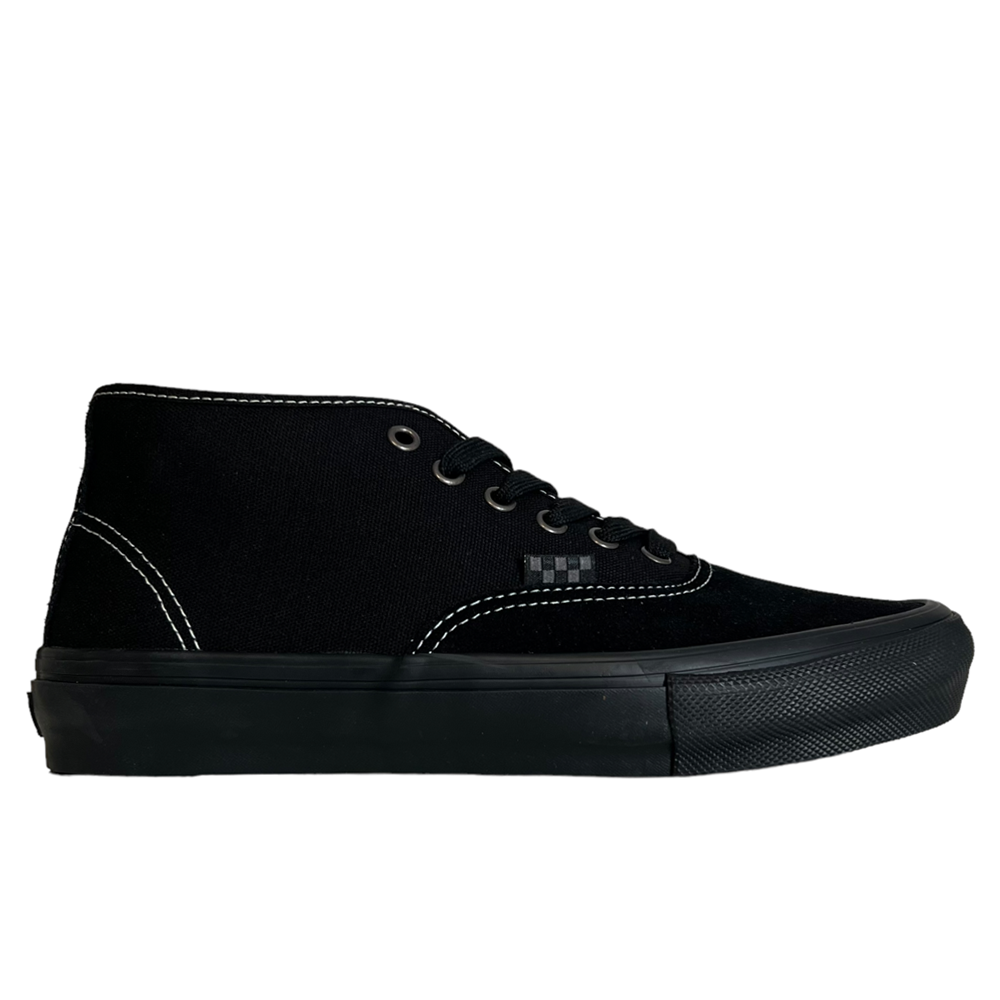The VN0A27371OJ Suede Black Authentic Mid Vans Skate Shoes feature a mid-top black canvas design with black laces, a black rubber sole, and white stitching—ideal as durable skate shoes for your daily sessions.