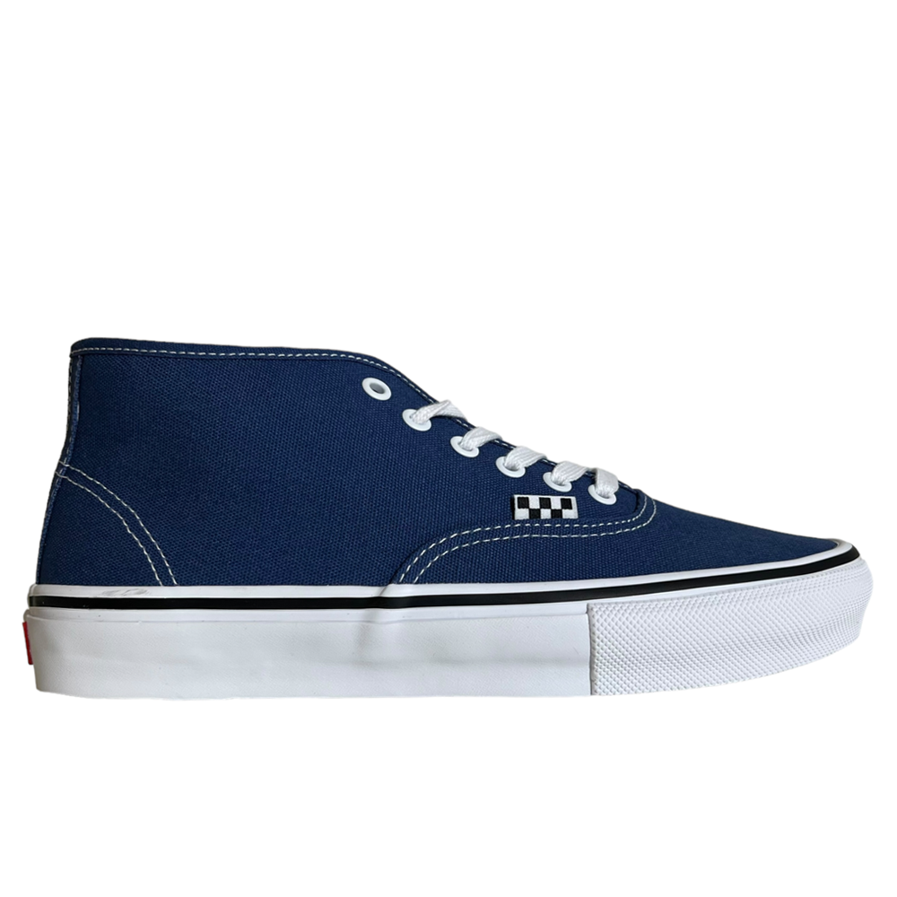 The VN0007PHO2Y Steve Navy Authentic Mid Vans Skate Canvas Shoes feature a blue canvas upper, white laces, thick white rubber sole, black trim, PopCush cushioning, and a checkerboard side tag—ideal for your next skate session.