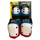 The 187 Knee Elbow Pads Combo Pack Red White Blue includes two blue knee pads and two red elbow pads with white hard shells, displayed in packaging with illustrated graphics.