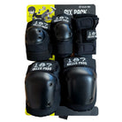 The 187 6 Pack Wrist Knee Elbow Pads Adult Combo Pack Black includes knee pads, elbow pads, and wrist guards for adults, all in black, displayed in packaging featuring cartoon skateboarding graphics.