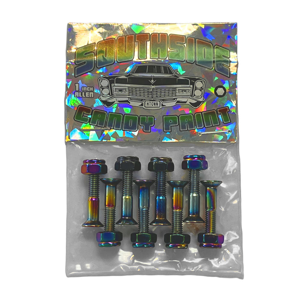 A holographic Southside Candy Paint Hardware package with a vintage car art holds Chameleon 1 inch Allen bolts, all rainbow-anodized, arranged in a clear plastic pouch.