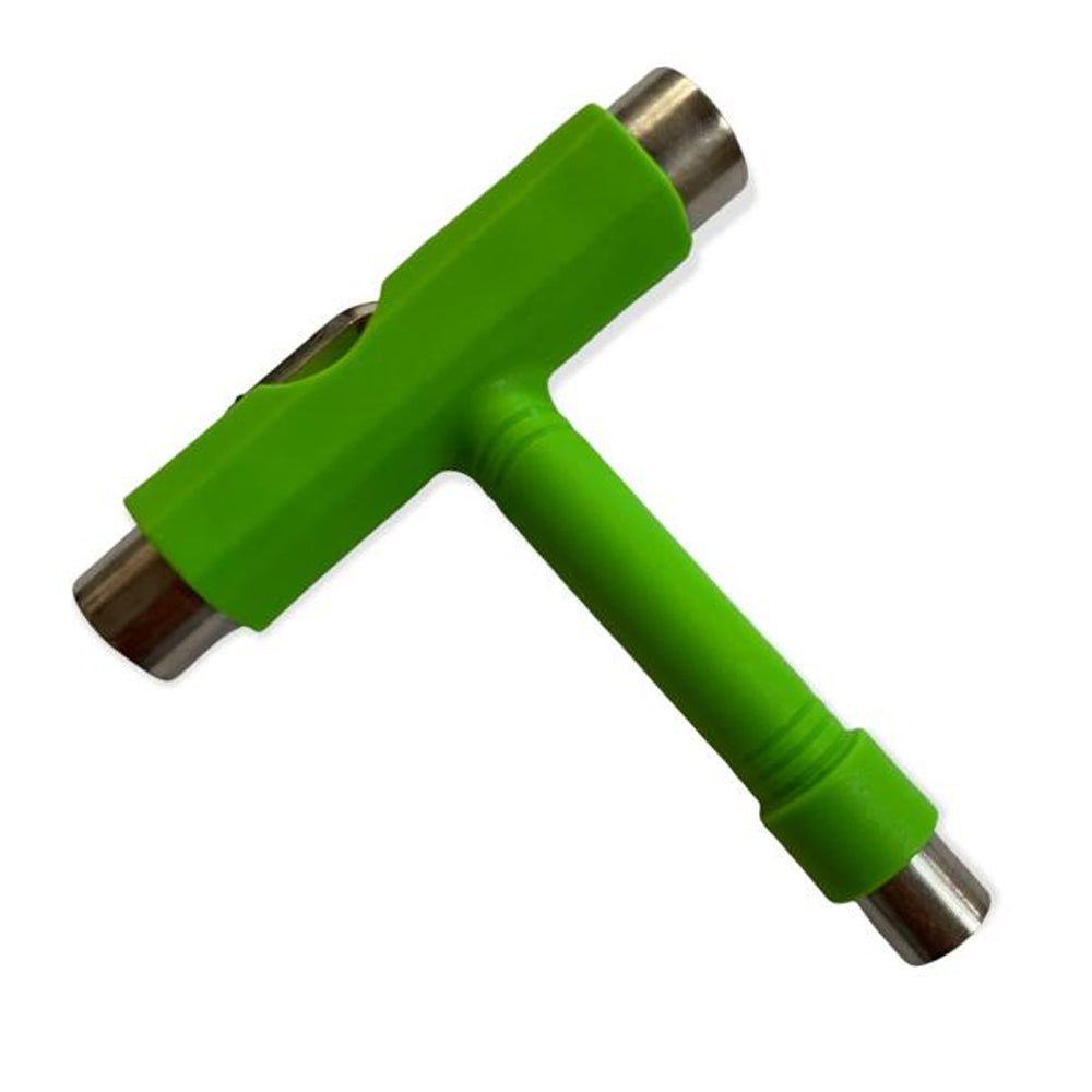 The Southside Tool Green features metal sockets on each end, making it perfect for adjusting skateboard hardware and components.