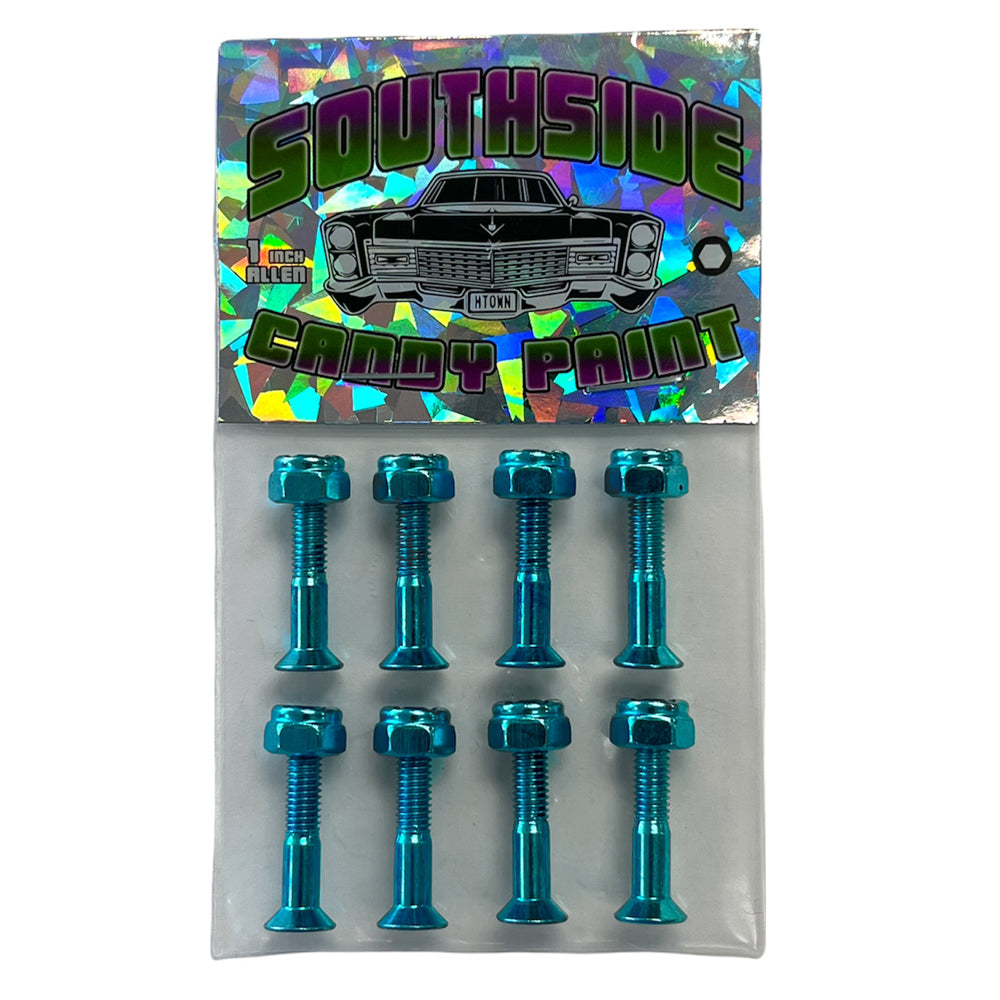 A package of eight shiny blue 1 inch Allen bolts is displayed with a holographic Southside Candy Paint Hardware label above a classic car illustration, featuring the product name and “1 inch Allen.”.
