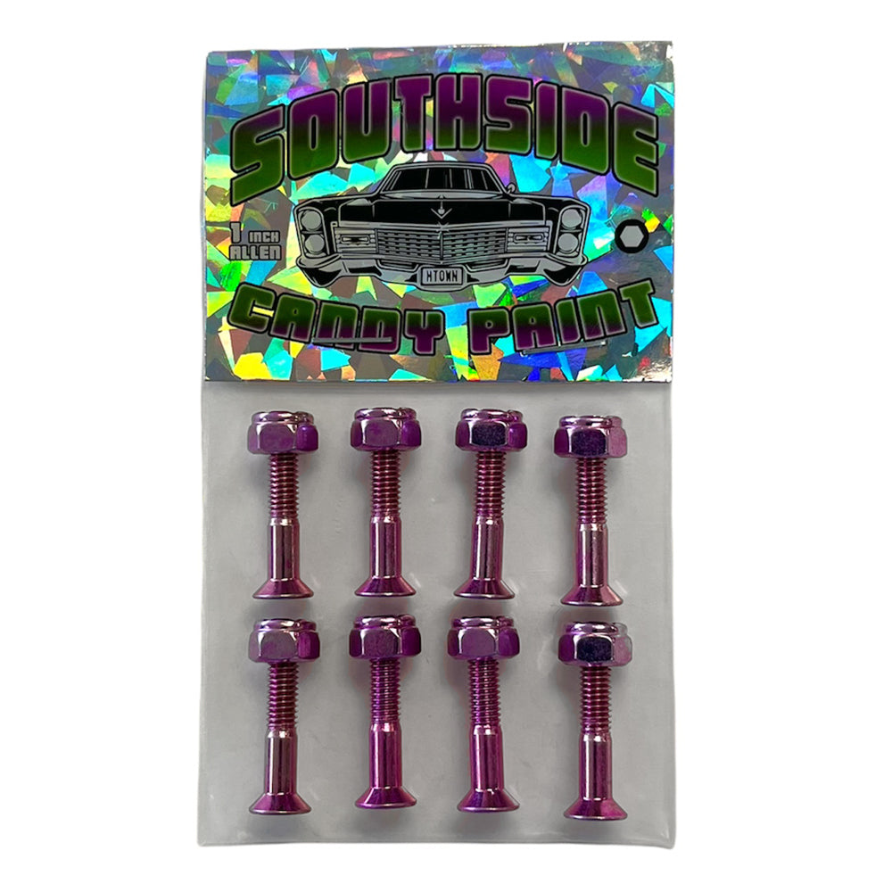 A package of Southside Candy Paint Hardware Pink 1 inch Allen features eight shiny purple bolts with matching nuts and pink Allen heads on a holographic background with a classic car illustration.