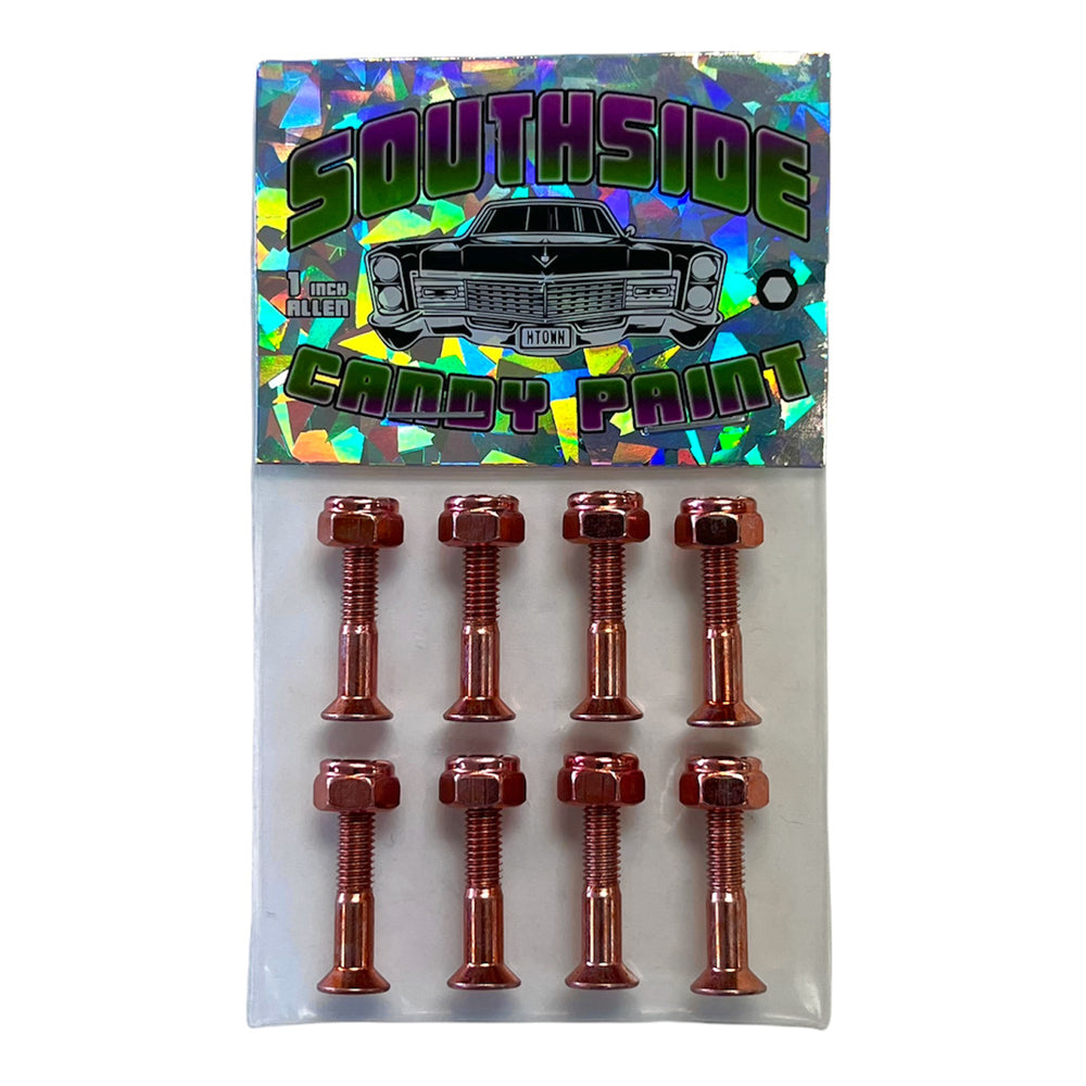 A pack of eight Rose Gold 1 inch Allen bolts with a shiny finish, displayed on a white card featuring a holographic Candy Paint Hardware label reading SOUTHSIDE CANDY PAINT above a classic black car illustration.
