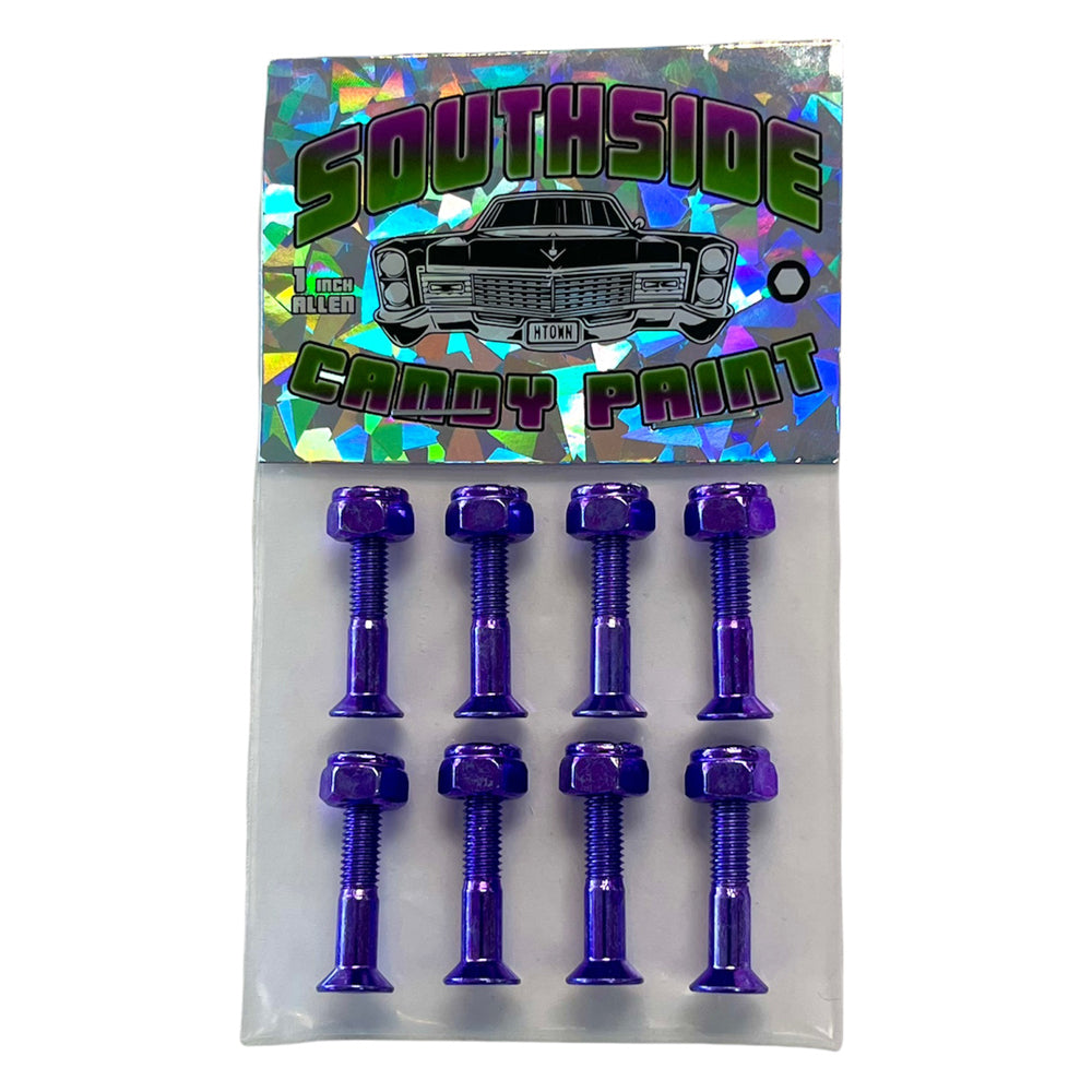 A pack of eight Southside Candy Paint Hardware Purple 1 inch Allen bolts comes on a shiny holographic card with a classic car image and bold, colorful text.