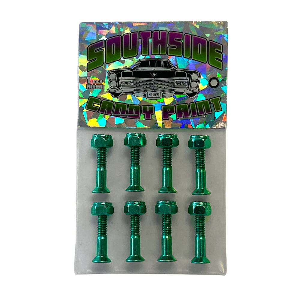 A package of Southside Candy Paint Hardware Turquoise 1 inch Allen features eight shiny turquoise bolts on a holographic background with a classic car illustration.