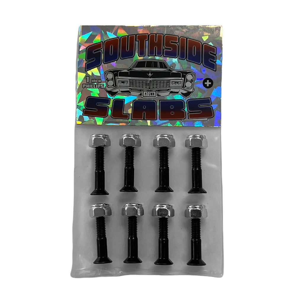 A package of eight Southside Slabs Hardware Black 1 inch Phillips bolts with silver hex nuts, a car graphic, and holographic background.