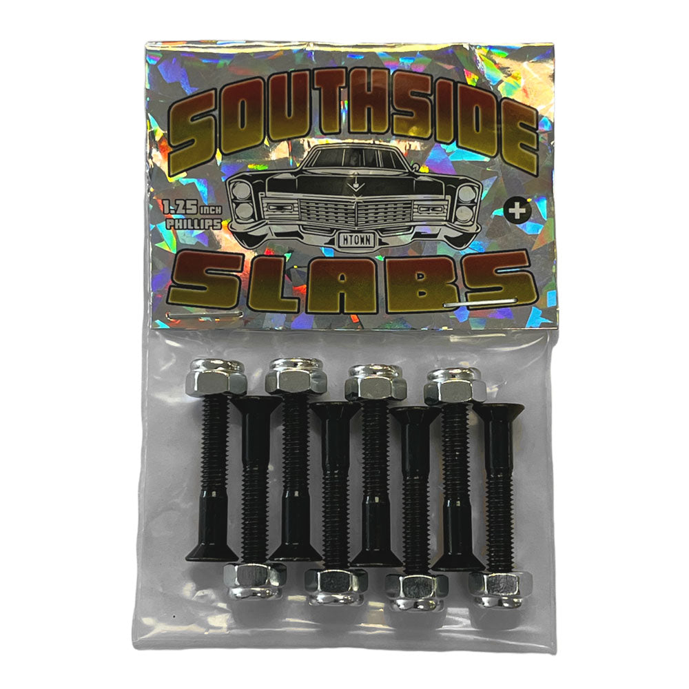 A package of Southside Slabs Hardware Black 1.25 inch Phillips contains eight black Phillips screws and silver nuts, features a car graphic, a shiny holographic background, and is labeled 1.25 inch Phillips.
