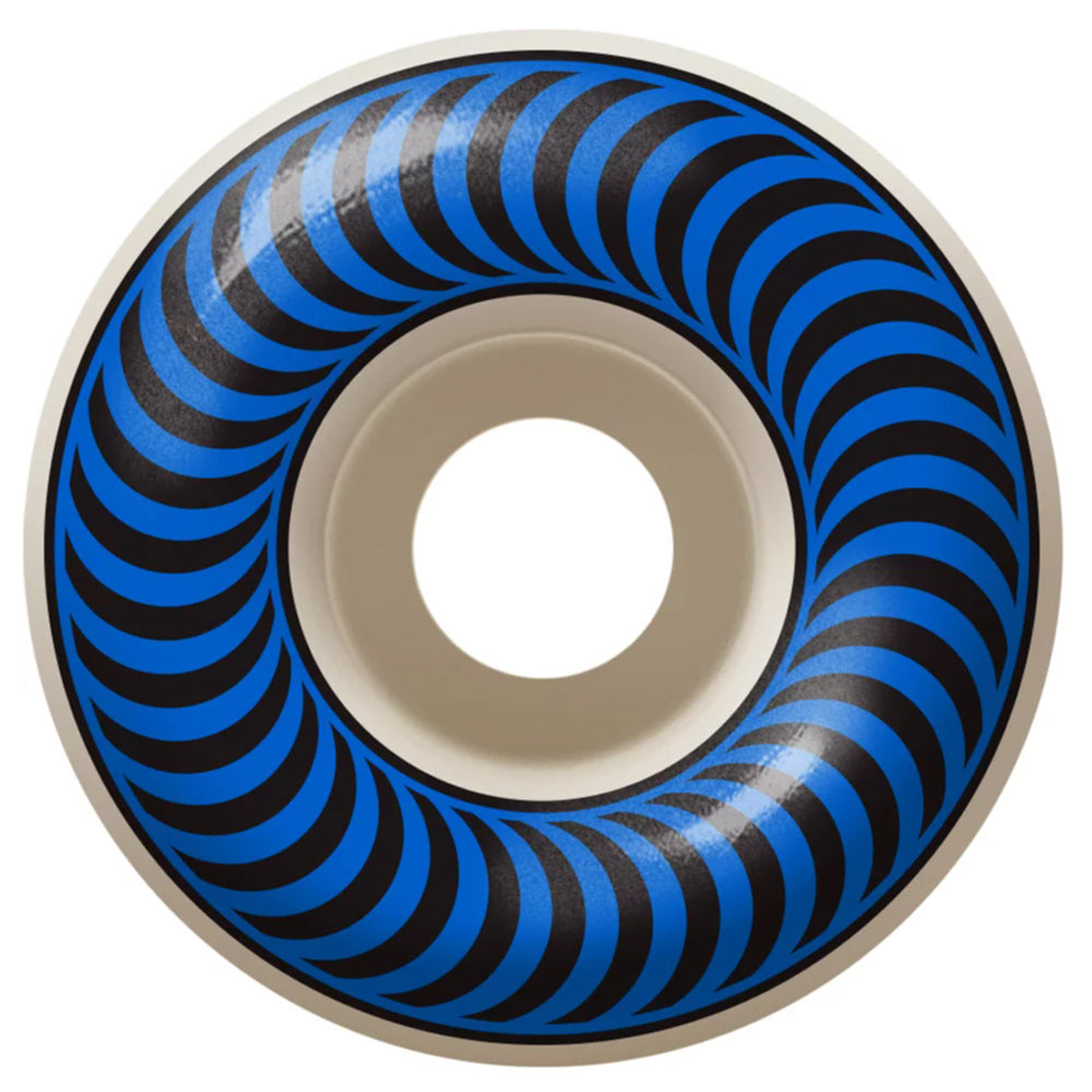 The Spitfire Wheels Classic 56mm99A features a white core with a bold blue and black spiral ring for an optical illusion effect, offering optimal street or park performance with its 56mm size and 99A durometer.