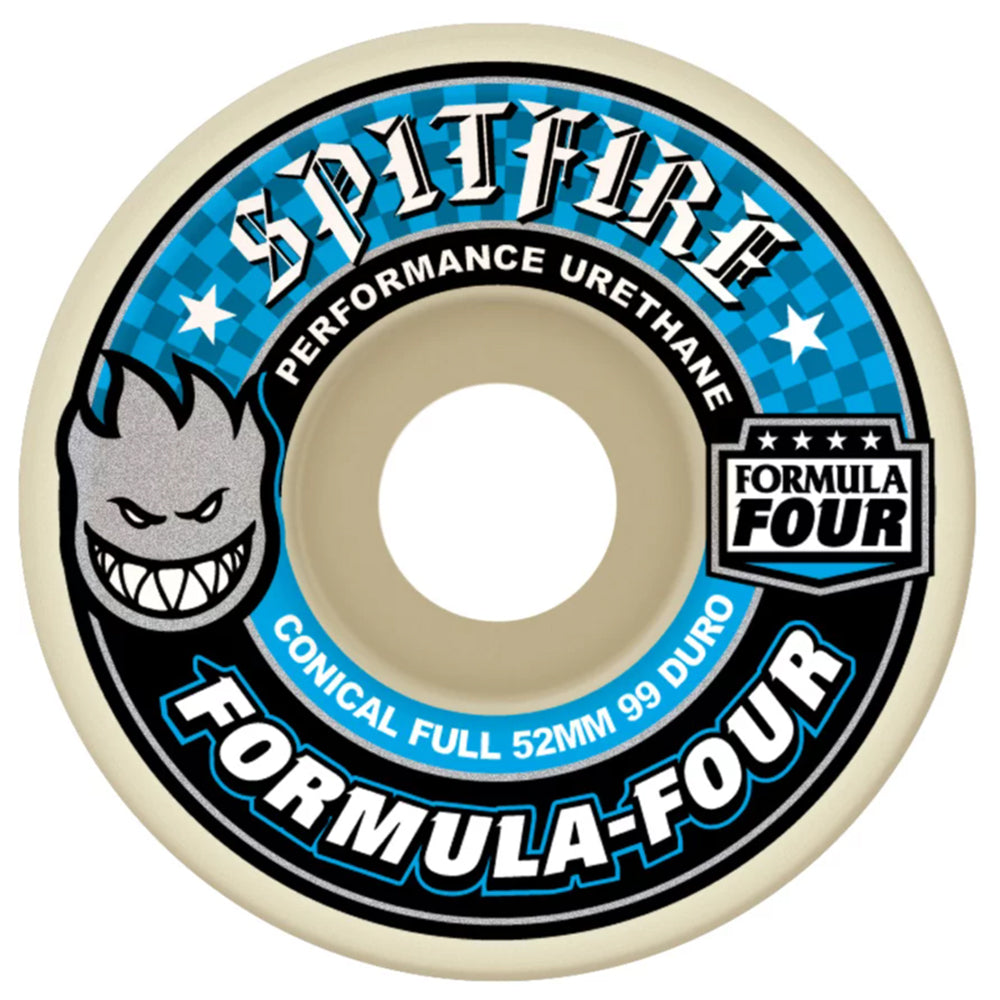 The Spitfire Wheels F4 Conical Full 53mm99A skateboard wheel features a blue and black checkered design, grinning flame logo, and bold white text along the outer ring.