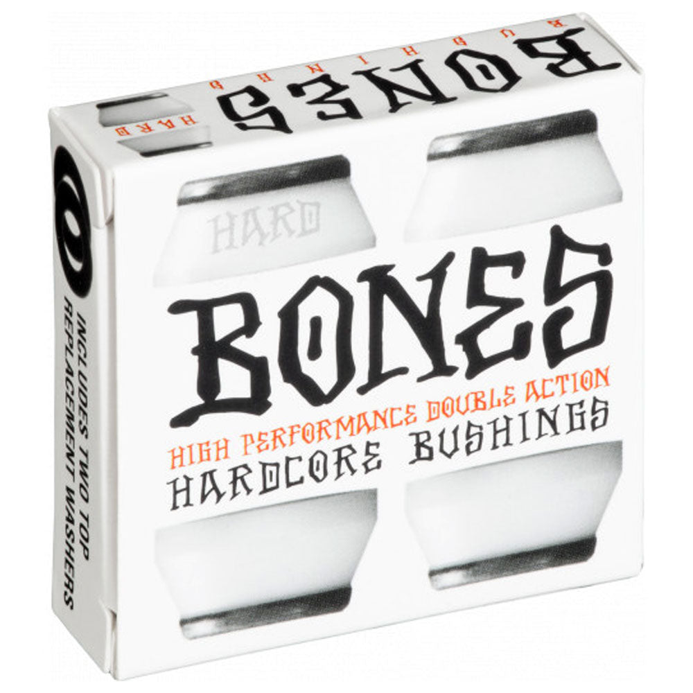 Bones Hardcore Bushing Hard White, labeled with bold, stylized text and featuring images of high performance, hard skateboard bushings in white.