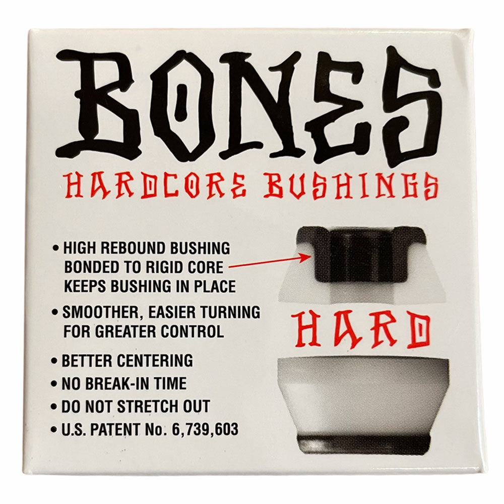 A box of Bones Hardcore Bushing Hard White bushings offers high rebound, smooth turning, better centering, no break-in time, and no stretch out. Included diagram illustrates the structure of these hard skateboard bushings.