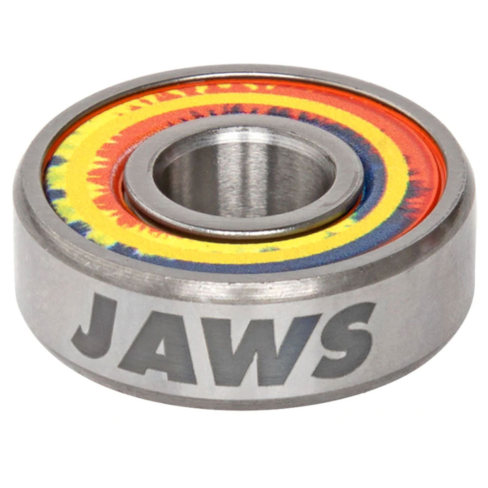The Bronson Speed Co. Bearings Aaron Jaws Homoki Pro G3 features "JAWS" engraving and a vibrant yellow, orange, and blue tie-dye design inspired by Aaron Jaws Homoki.