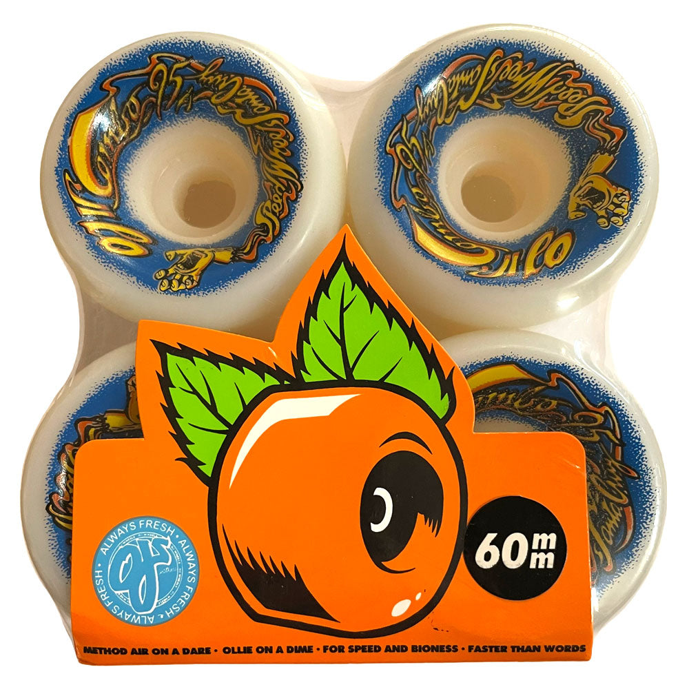 The OJ II Original White Combo 60mm95A includes four white skateboard wheels with blue and yellow designs, packaged with a large cartoon orange, leaves, "60 mm," "Always Fresh," and other promotional text on the packaging.