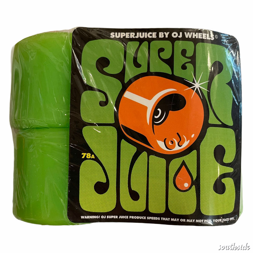 A pack of OJ Wheels Super Juice 60mm 78A Green skateboard wheels featuring bold retro-style text and an orange cup pouring juice graphic.