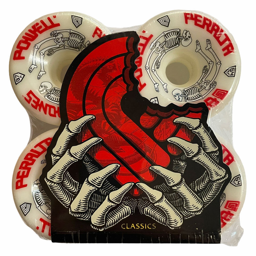 A pack of Powell Peralta Wheels G Bone 64mm97A White skateboard wheels, featuring a classic design.