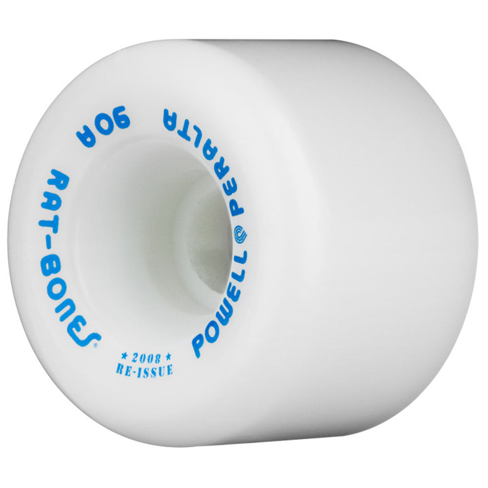 The Powell Peralta Wheels Rat Bones 60mm 90A White features blue text—RAT-BONES, POWELL PERALTA, 90A, 2008 RE-ISSUE—printed around its rim and is displayed on a plain white background.