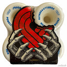 Four white Powell Peralta Rat Bones 60mm 90A wheels with blue text are packaged together, partly covered by a red, stylized S held by a skeletal hand. "CLASSICS" appears at the bottom, evoking the iconic Rat Bones design.