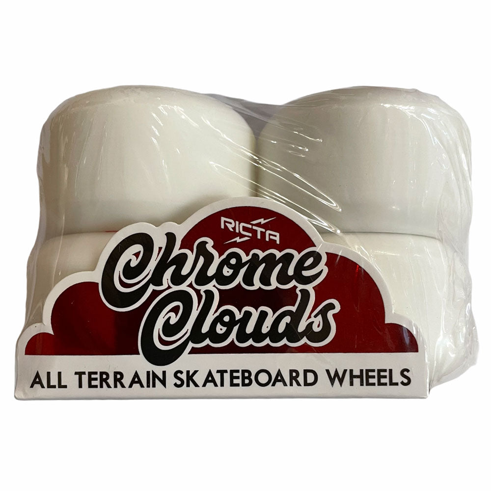 Four Ricta Chrome Clouds 54mm 86A All Terrain wheels in red and white are packaged together in clear plastic, featuring a red and white cloud label design and highlighting their versatility for all terrain skating.