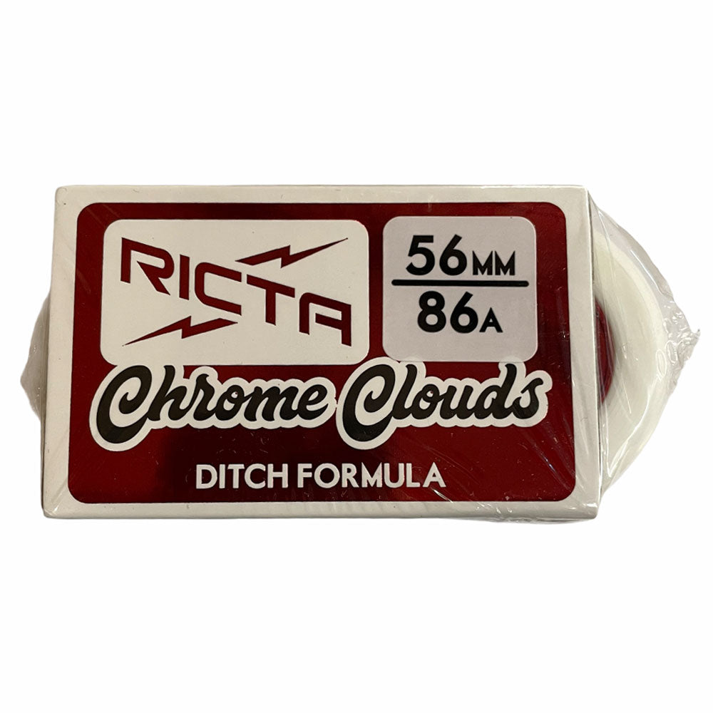A package of Ricta Chrome Clouds 54mm86A All Terrain Red White wheels, showing their red and white design through clear plastic wrap.