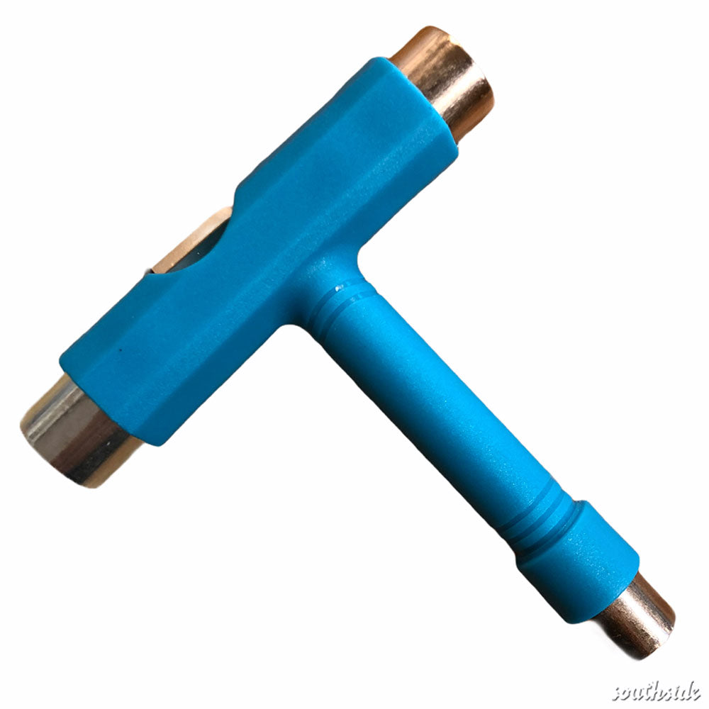 The Southside Tool Blue, featuring metal sockets on each end for skateboard hardware adjustments, is shown against a white background.
