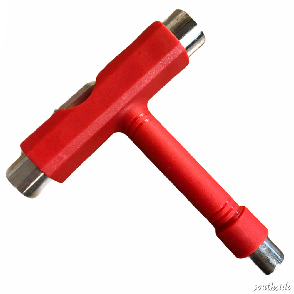 The Southside Tool Red is a T-shaped skateboard tool with metal sockets on each end, ideal for adjusting hardware and assembling skateboard parts.