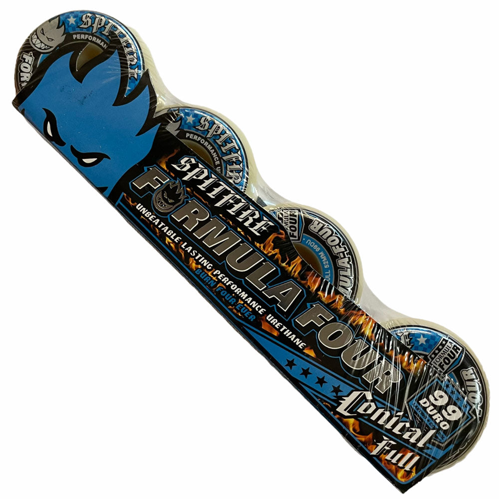 Four-pack of Spitfire Wheels F4 Conical Full 52mm99A skateboard wheels with a blue flame face logo on the packaging and text emphasizing their durability and high performance.