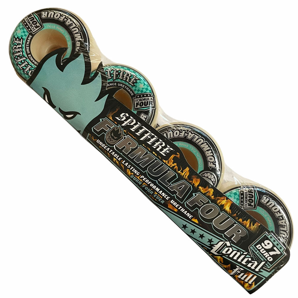 A four-pack of Spitfire Wheels F4 Conical Full 54mm 97A comes in teal and white packaging with a flame graphic and Spitfire logo.