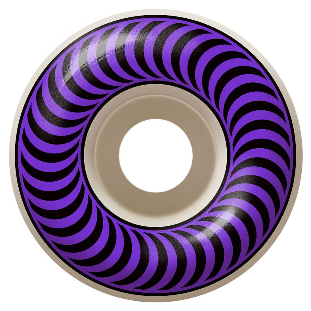 The Spitfire Wheels Classics 58mm99A skateboard wheel features a beige core and edge with a striking black and purple spiral Bighead graphic wrapping around its surface.