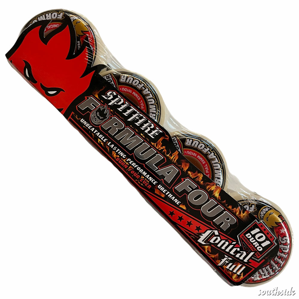 Four Spitfire Wheels F4 Conical Full 53mm 101A skateboard wheels in packaging, displaying the red flame logo and bold branding. Package highlights Conical Full design and unbeatable lasting performance.
