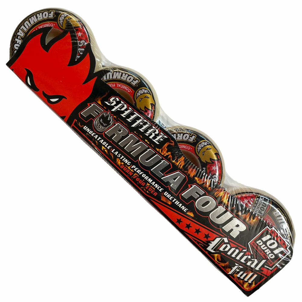 Spitfire Wheels F4 Conical Full 52mm 101A skateboard wheels come in partially transparent packaging showing four wheels and feature a bold red flame face logo.