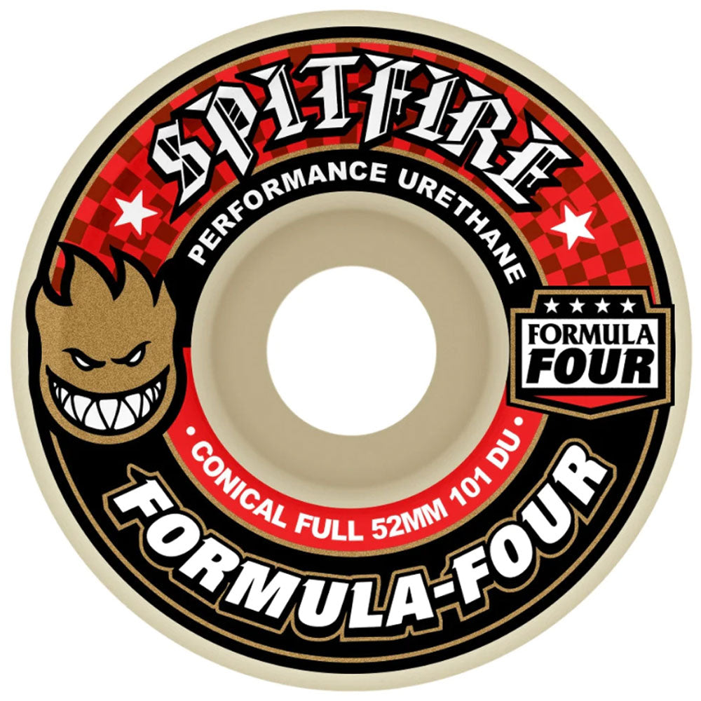 The Spitfire Wheels F4 Conical Full 52mm 101A skateboard wheel features a red and black flame design with white stars, the flame logo, and "Performance Urethane" and "Formula Four" text.