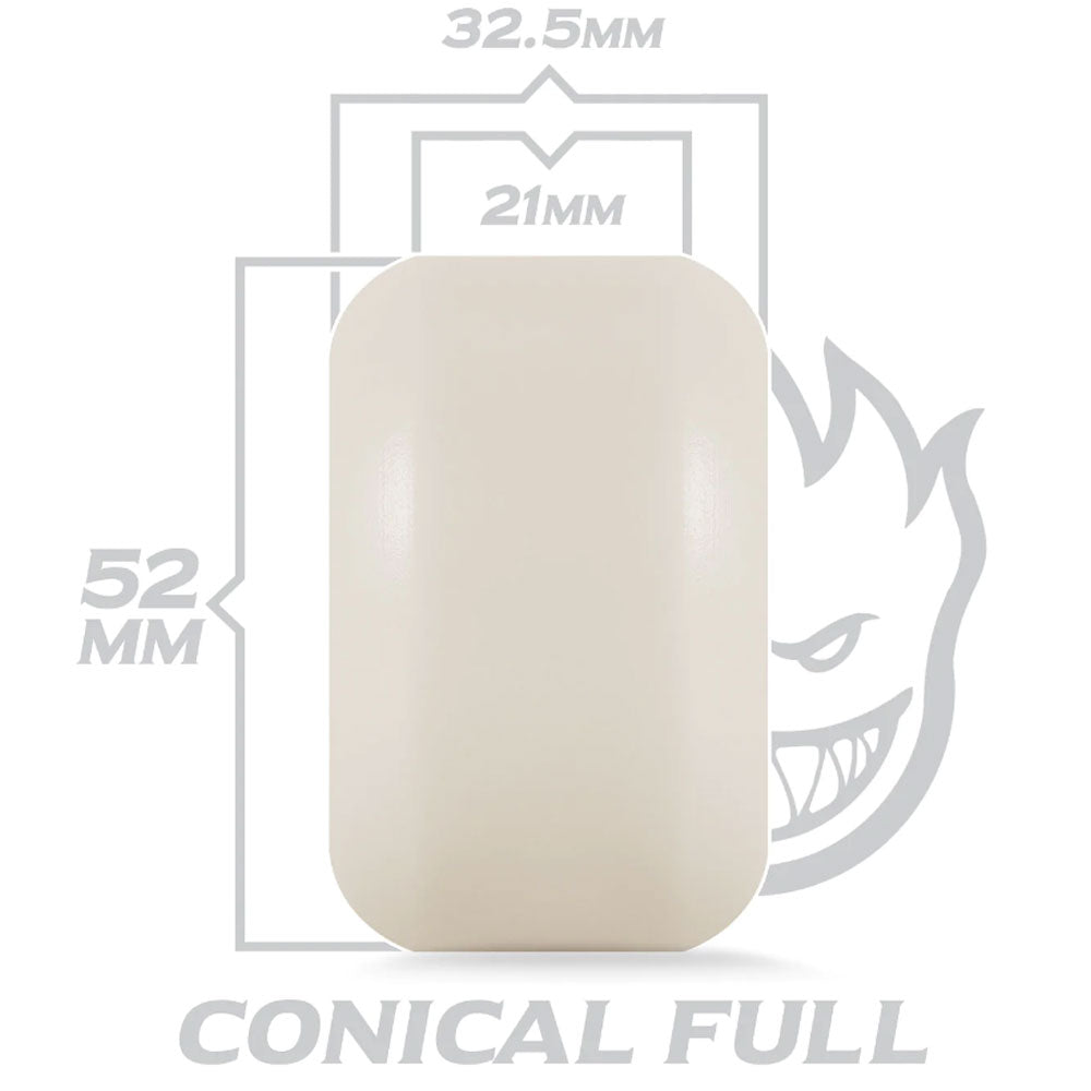A cream-colored Spitfire Wheels F4 Conical Full 52mm99A is centered on a graphic with measurements: 52mm tall, 32.5mm wide, 21mm deep, with the Spitfire grinning face logo partially visible in the background.