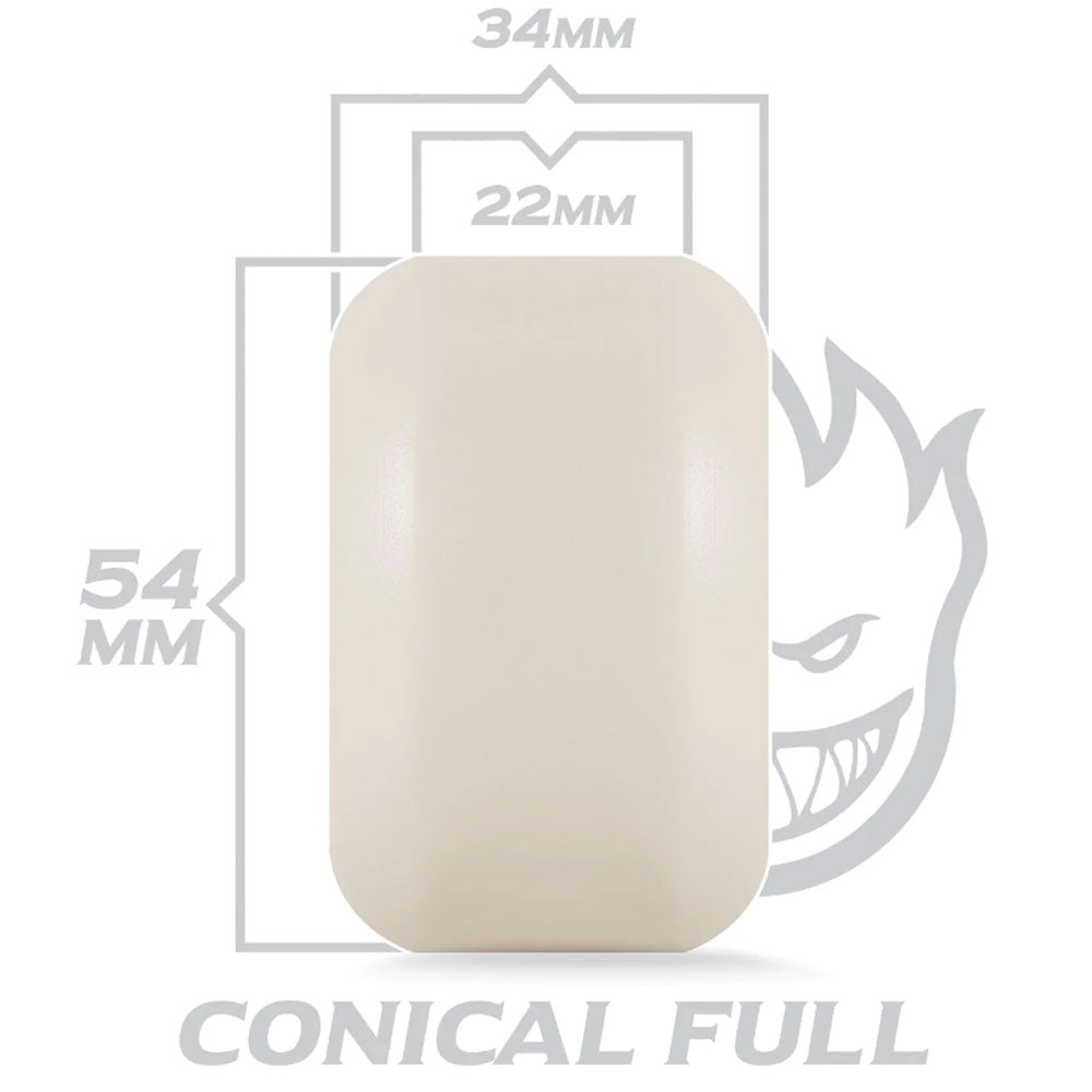 A cream-colored, rectangular object with rounded edges is centered on a graphic of Spitfire Wheels F4 Conical Full Green Print 54mm 101A. Behind it is a gray stylized grinning face and the text "CONICAL FULL.