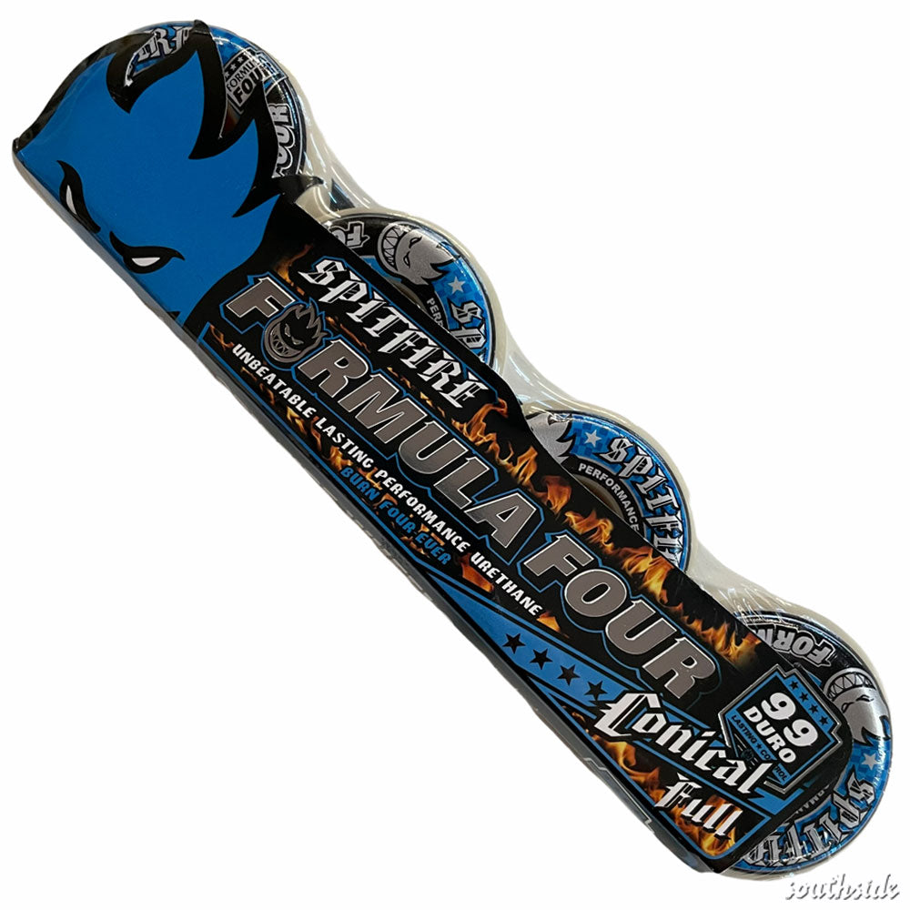 A 4-pack of Spitfire Wheels F4 Conical Full 53mm99A skateboard wheels with blue and black packaging featuring a stylized flame logo.