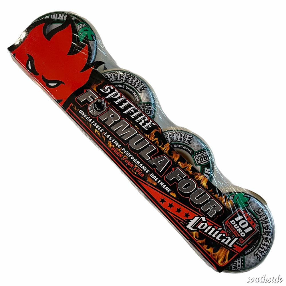 A four-pack of Spitfire Wheels F4 Conical Full Green Print skateboard wheels, 54mm 101A, comes in clear plastic packaging with bold branding text and green print design on the front.