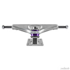 A set of two silver Venture Polished 6.1 High Trucks with purple bushings, shown from the front on a white background. The visible axle and bolts highlight these high-performance trucks, ideal for serious riders.