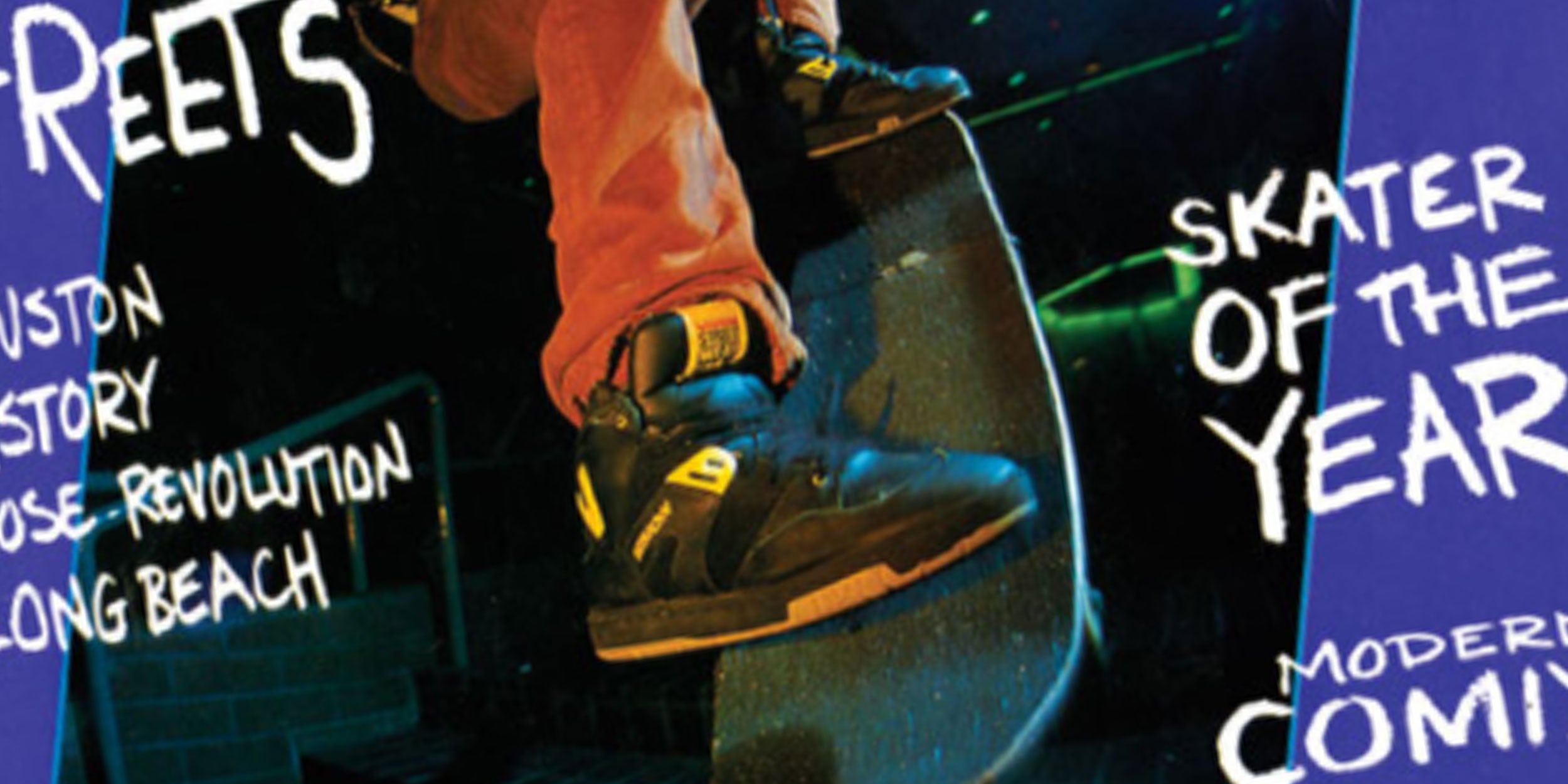 Close-up of a skateboarder performing a trick at night, with text around them reading “SKATER OF THE YEAR” and other graffiti-style phrases in white on a blue background.