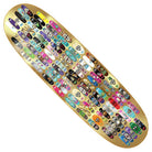 The 100th Egg 9.12x32 Heroin Skateboards Deck features a gold foil surface adorned with rows of miniature, colorful skateboard graphics showing cartoon faces and designs, all neatly arranged across the custom-shaped deck.