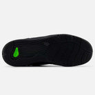 The 1010 CR Tiago Lemos Black New Balance Numeric Suede Skateboarding Shoes have a black rubber outsole with textured tread, a green NDurance insert by the heel, and an ABZORB midsole for comfort.