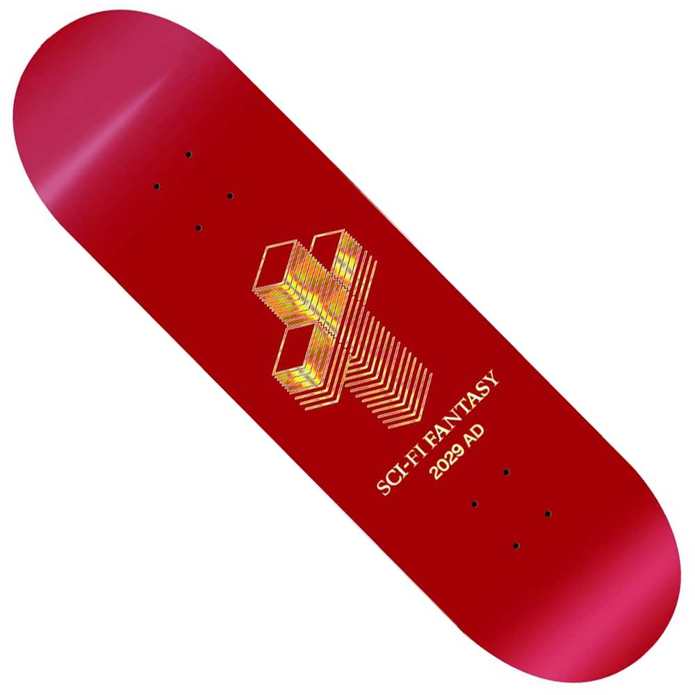 The 2029 Board 8.5 Sci-Fi Fantasy Skateboards Deck is red and features a yellow-orange geometric 3D cross graphic with “SCI-FI FANTASY 2029 AD” below it.