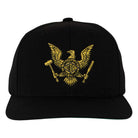 The Tools of the Trade Snapback Structured Hat in black features a gold embroidered eagle holding a hammer and wrench, with a circular emblem on its chest. Unisex, one size.