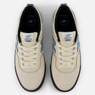 Top view of the 306 SBB Jamie Foy Sea Salt Still Water New Balance Numeric suede skateboarding shoes, featuring off-white uppers with light blue accents, displayed on a plain white background.