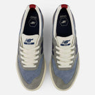 Top view of a pair of 340 NBA Gray Blue Green New Balance Numeric Suede Skateboarding Shoes in shades of grey and blue, accented with white laces and off-white soles, featuring a reinforced toe cap for added durability, displayed side by side on a plain background.
