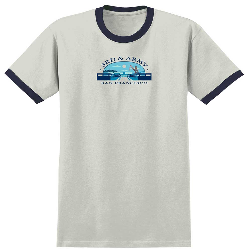 Light gray ringer T-shirt with black collar and sleeve bands, the chest showcases a graphic of swimmers in water, palm trees, and the text “3rd & Army San Francisco” in blue—a classic look inspired by Real Skateboards. The 3rd and Army Natural Navy Real Skateboards Tee is perfect for fans of 3rd and Army culture.