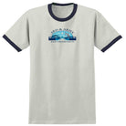 Light gray ringer T-shirt with black collar and sleeve bands, the chest showcases a graphic of swimmers in water, palm trees, and the text “3rd & Army San Francisco” in blue—a classic look inspired by Real Skateboards. The 3rd and Army Natural Navy Real Skateboards Tee is perfect for fans of 3rd and Army culture.